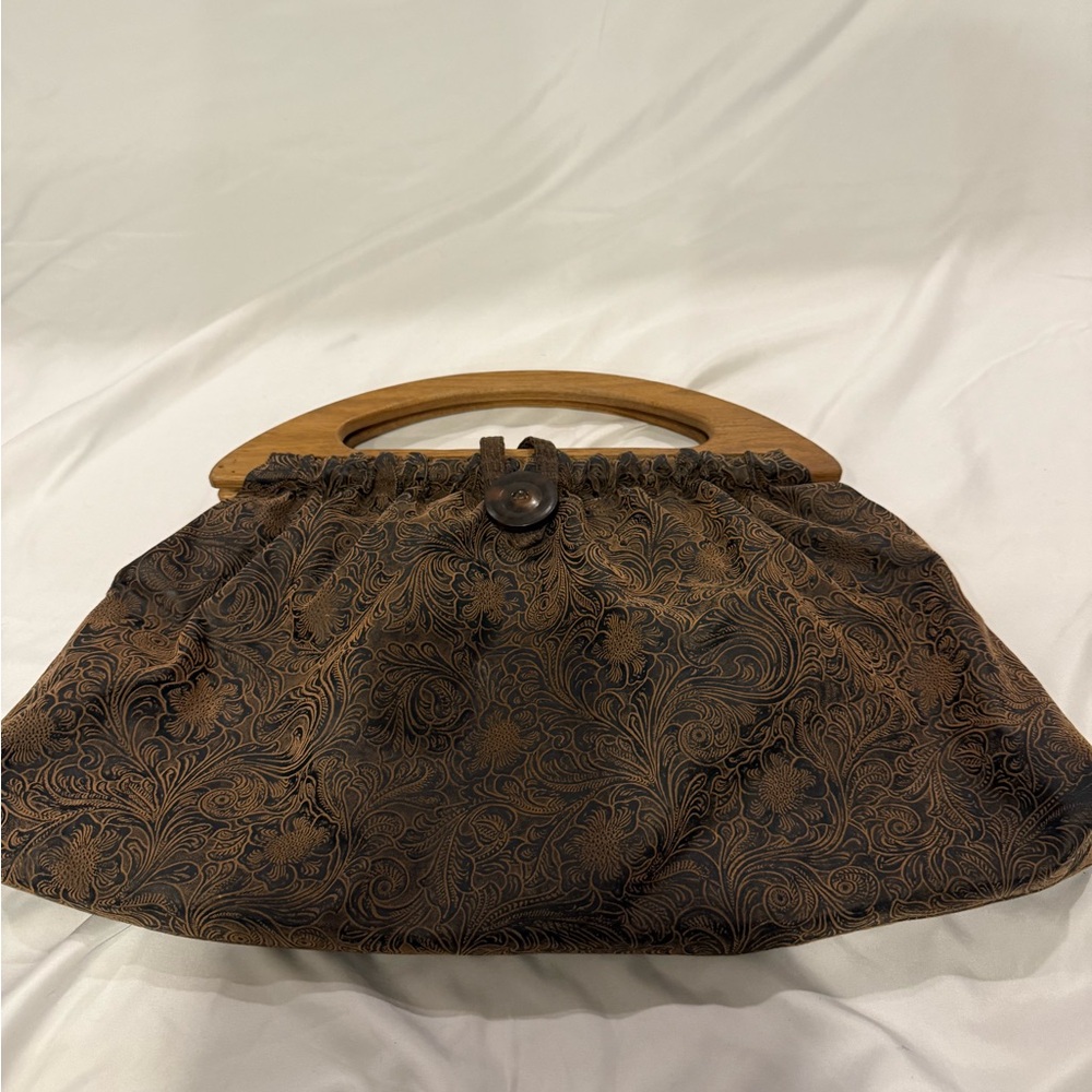 Elegant Brown Patterned Women's Bag with Wooden Handle